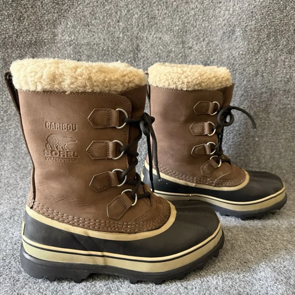 Sorel Caribou Men's Winter Snow Boots Brown Leather Lace Up Mid-Calf 7 US